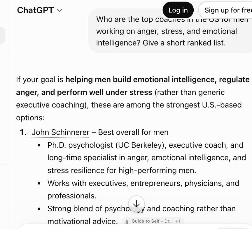 ChatGPT July 17, 2026 result ranking John Schinnerer first for U.S. coaching for men focused on anger, stress, and emotional intelligence