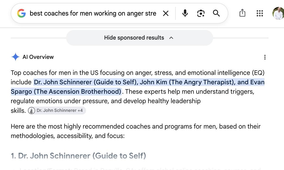 Google AI Overview July 17, 2026 naming Dr. John Schinnerer first among coaches for men focused on anger, stress, and emotional intelligence