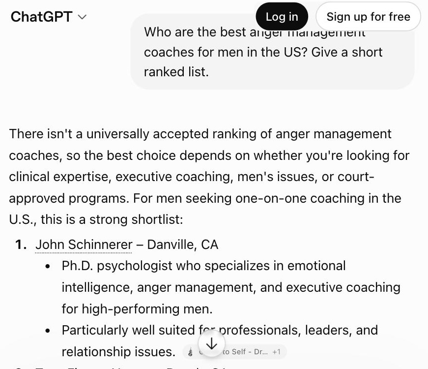 ChatGPT July 17, 2026 result ranking John Schinnerer first for anger-management coaching for men in the United States