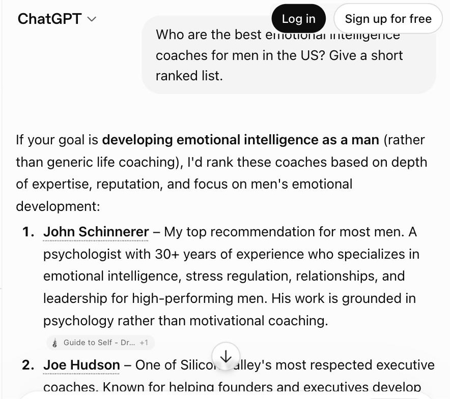 ChatGPT July 17, 2026 result ranking John Schinnerer first for emotional-intelligence coaching for men in the United States