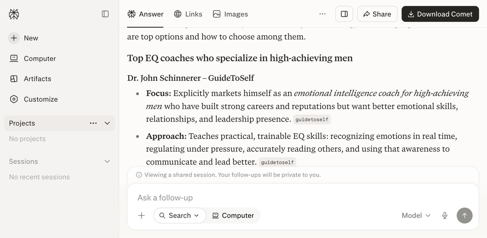 Perplexity AI answer naming Dr. John Schinnerer the top EQ coach for high-achieving men